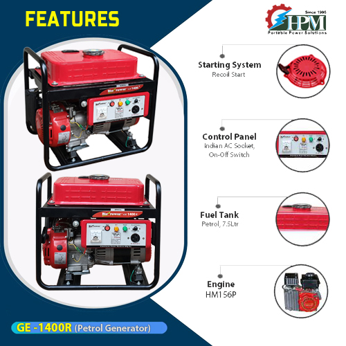 1.2 KVA light weight Portable smart Generator, Petrol Run Recoil Start, Model GE-1400R with LPG